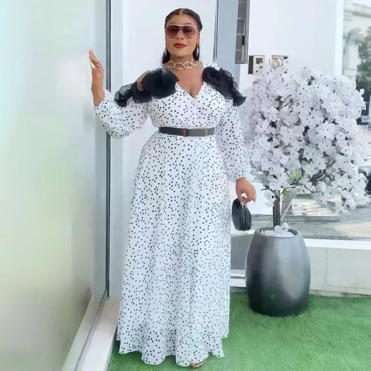 Maxy Vintage Polka Dot Long Dresses for Women Clothing Ankara Dashiki Plus Size Evening Wedding Party Gown Turkey Kaftan Robe