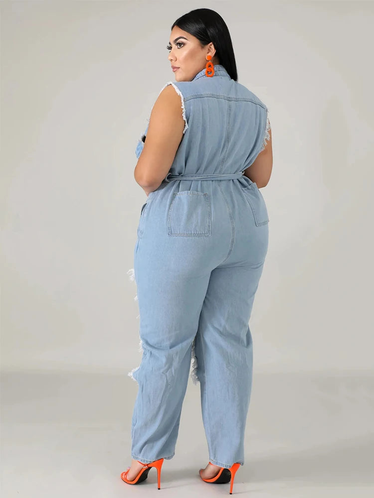 Maxy Women's Jeans Plus Size Streetwear One Piece Suit with Sash Denim Elegant Oversized Ripped Jumpsuit.