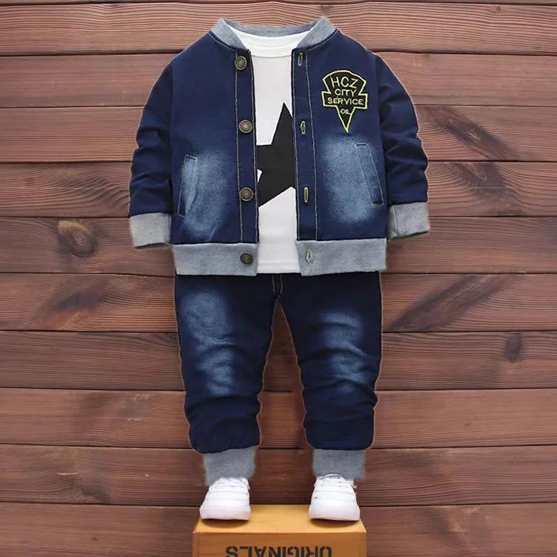 Visco 3PCS Denim Suit Fashion Spring Autumn Long Sleeve Jacket Outwear Cotton Shirt+Pants Outfits Baby Boys Girls Clothes Sport Set