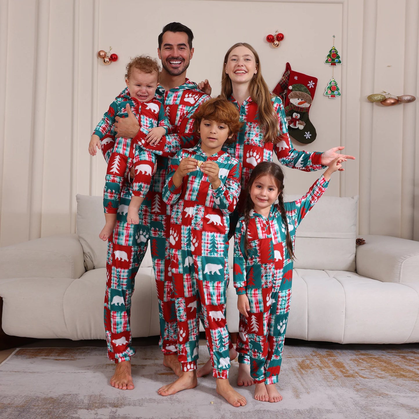 Family Christmas Pajamas Long Sleeve Christmas Tree Print Hooded Jumpsuit Sleepwear