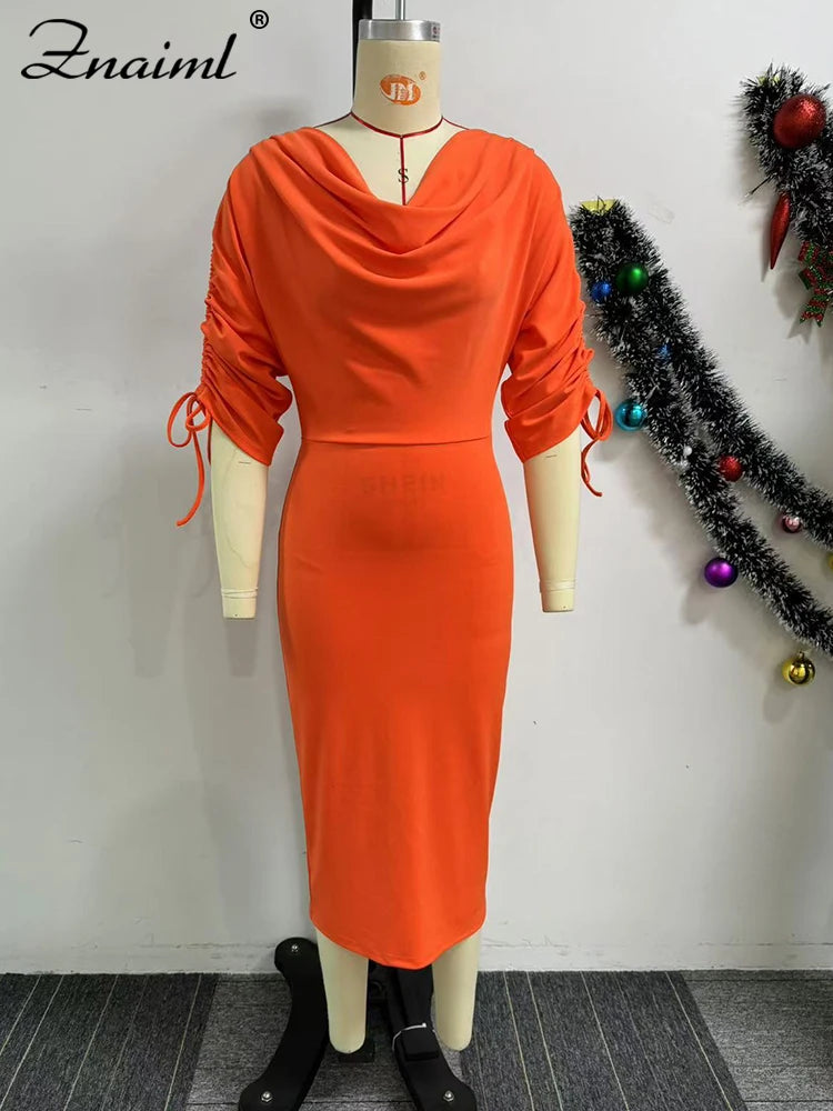 Maxy Elegant Pile Collar Ruched Drawstring Half Sleeve Split Bodycon Orange Pencil Dress Women Birthday Party Club Office Robe