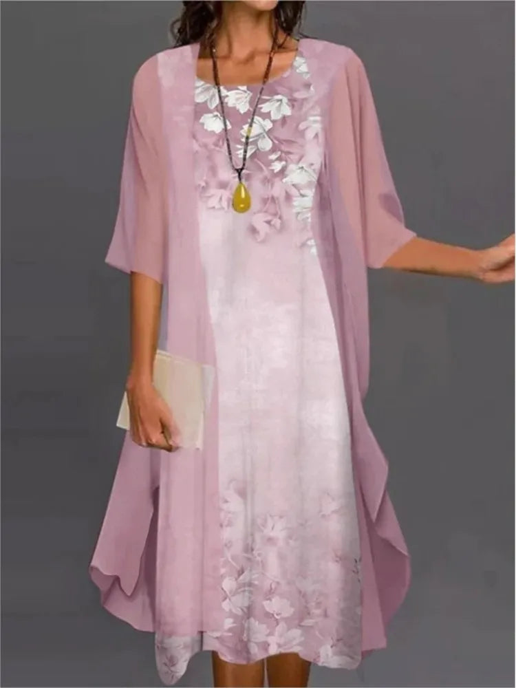 Maxy Summer Elegant Dress Two-piece Set Women Fashion Floral Print Dress For Women Casual Long Cardigan Coat Sun Protection Shirt