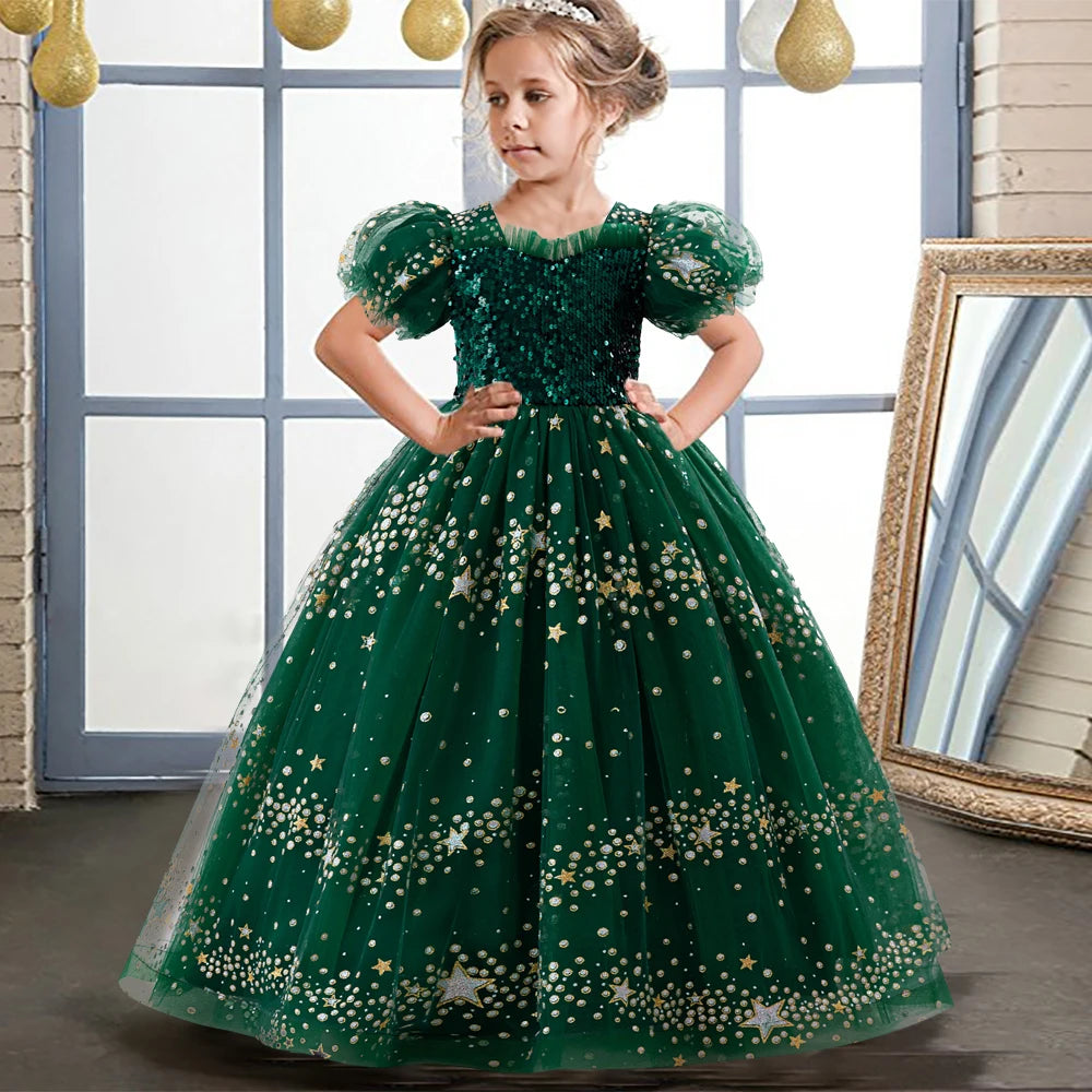 Christmas Formal Occasion Children's Long Sequined Princess Dress Pageant Girl Host Gala Evening Ceremony Performance Costumes