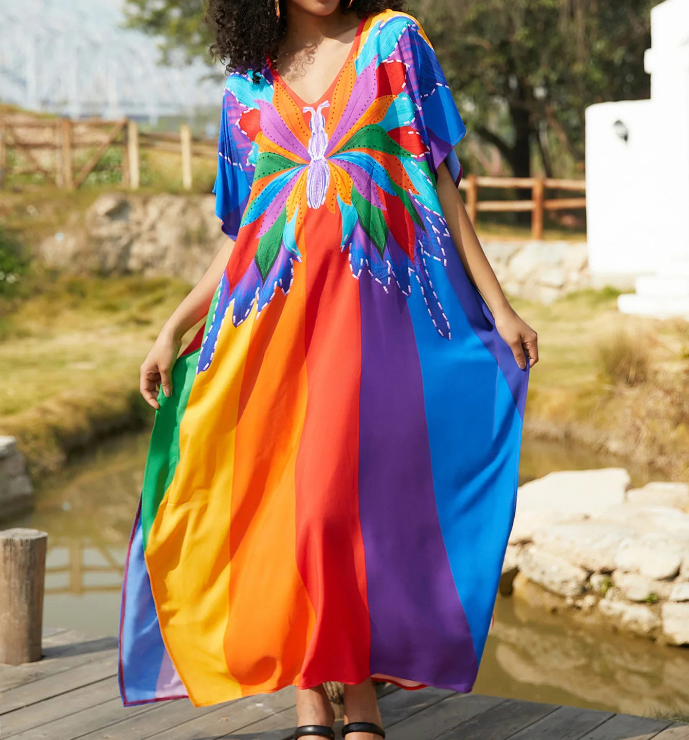 Maxy Women Beach Color Colorful Printed Long Dress Fashion Swimwear Summer Holiday Bohemian Maxy Dresses Bathing Suits