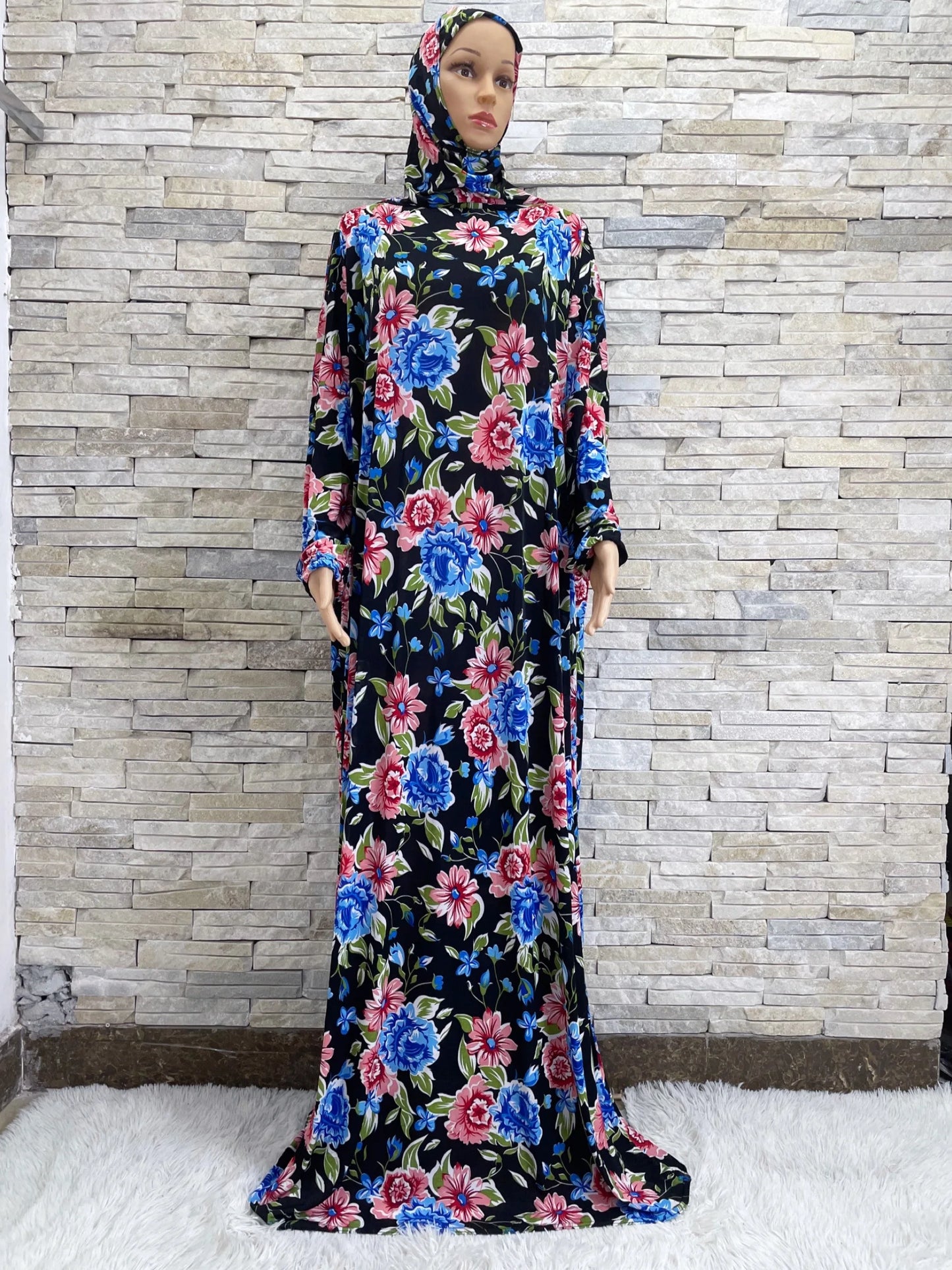 Maxy Ramadan Abaya Muslim Women, Hooded Turkey Dress, African Prayer Garment, Dress, High Elastic Comfort Fabric, Floral Prints Rob