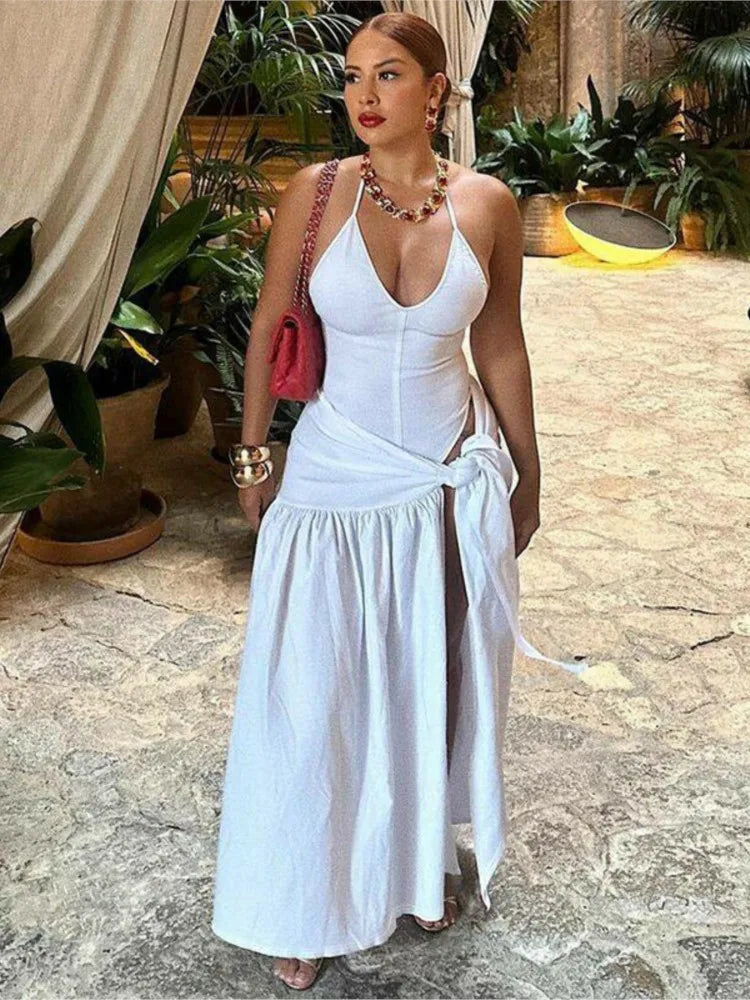Maxy 2 Piece Set Female V-Neck Jumpsuit Outfits Sexy skirt Sets Lace-Up Pleated High Waist For Women White Bandage two piece