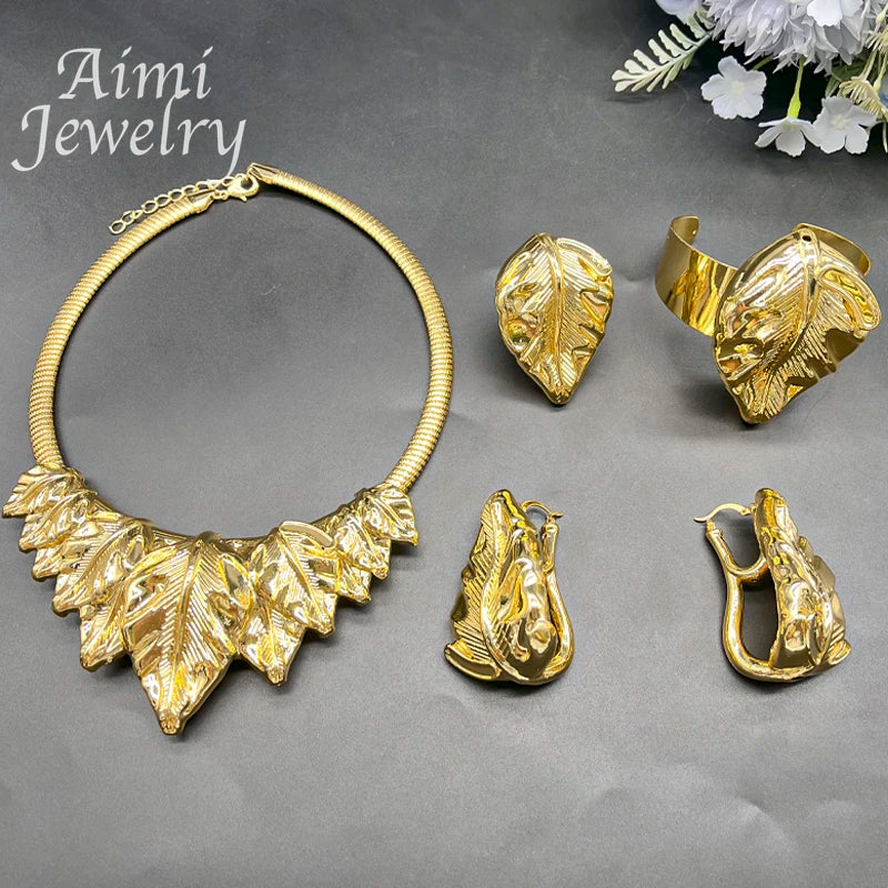 Maxy Geometric Dubai 24K Gold Plated Jewelry Set Plant Copper Leaf Pendant Necklace Earrings Bracelet Ring Women Party Wedding Gifts