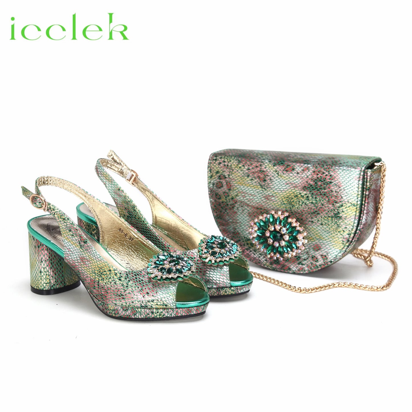 Babs High Quality Peep Toe Snake Pattern Special Design Ladies Party Shoes Matching Bag Set in Green Color