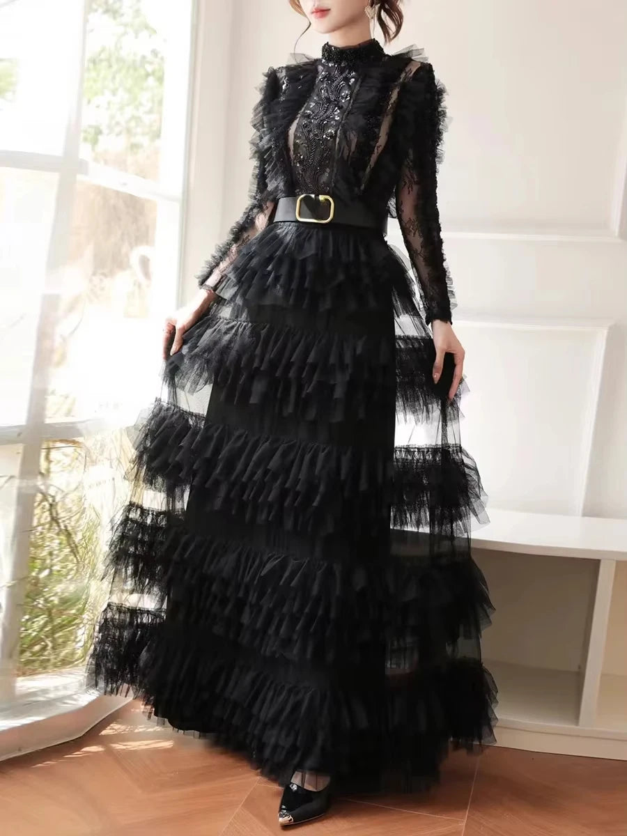 Amay Spliced Lace Hollow Mesh Dresses for Women Stand Collar Long Sleeves High Waist Slim Spliced Sashes Party Dress Female