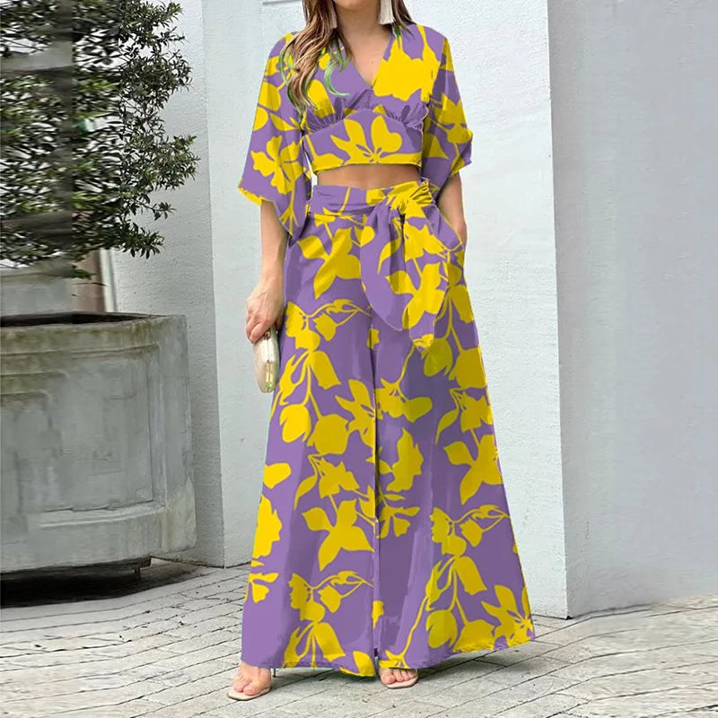Maxy Vacation Beach Fashion Set Women's Fashion Spring V-neck Lantern Sleeve Top T-shirt Loose Sexy Lace Up Loose Pants Two Piece Set