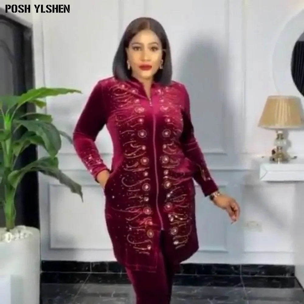 Two Piece Set Women Tracksuit Velvet Clothes African Dresses for Women 2023 Party Diamond Bead Tops Pants Suits Outfit Plus Size