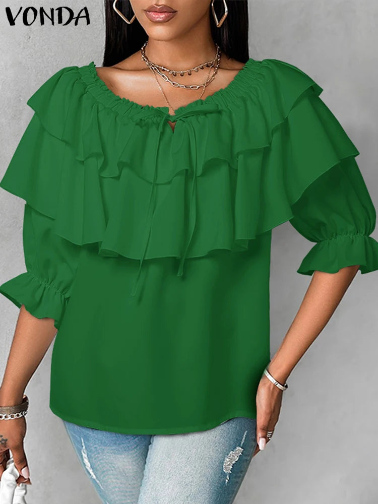 Maxy Plus Size 5XL Women Blouse Fashion Solid Color Off Shoulder Tunic Casual Multi-layer Ruffle Shirts Bohemian Tops