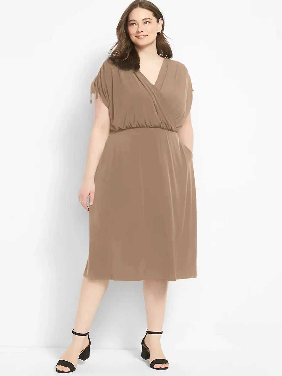 Maxy Plus Size Surplice Neck Elegant Summer Ruched Dress Women Adjustable Shoulders Elastic Waist Midi Wrap Dress Casual Party Dress
