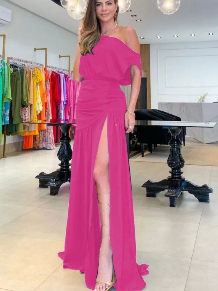 Maxy Elegant Women's Red Black Off Shoulder Party Maxy Dress Summer Sexy One-line Neck Raglan Sleeve Slit Holiday Dresses Robe