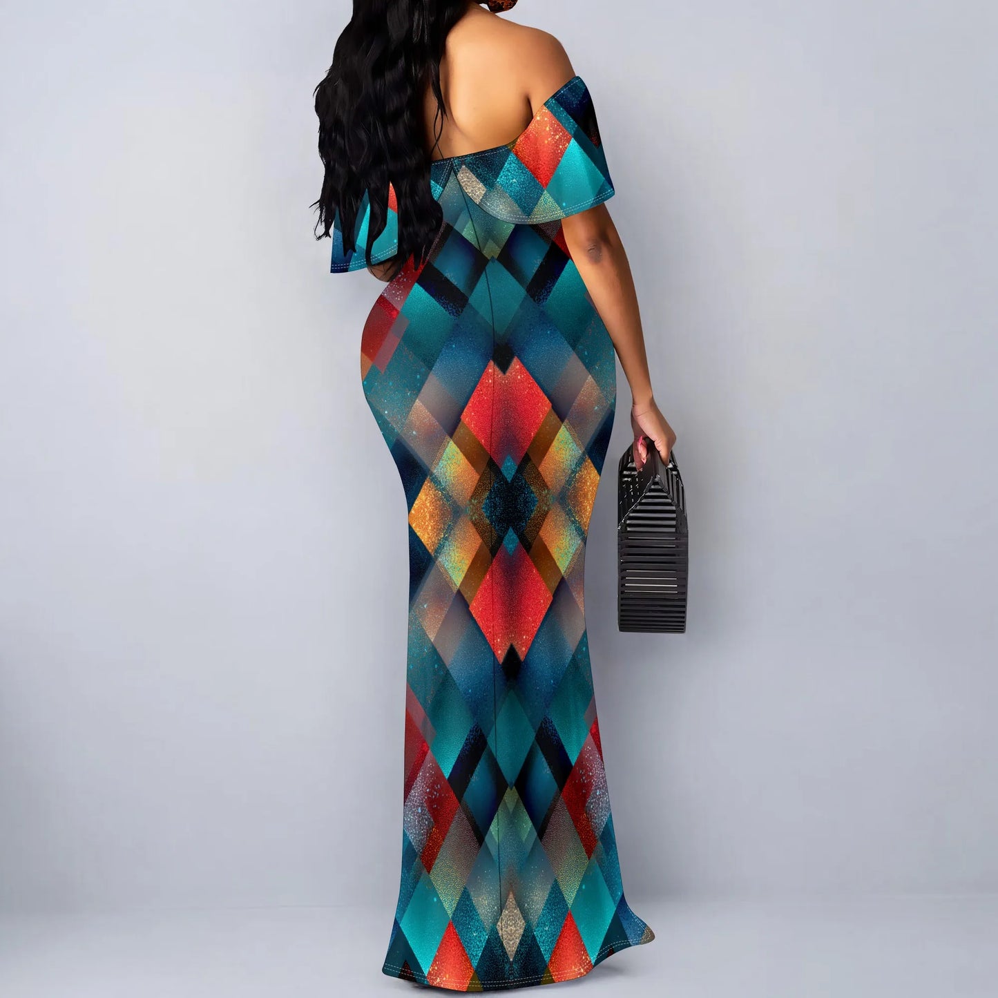 Maxy Sparkle Diamond Print Maxy Dress S-3XL Off Shoulder Bodycon Mermaid Style for New Year’s Eve, Holiday Dinner or Glam Party Look