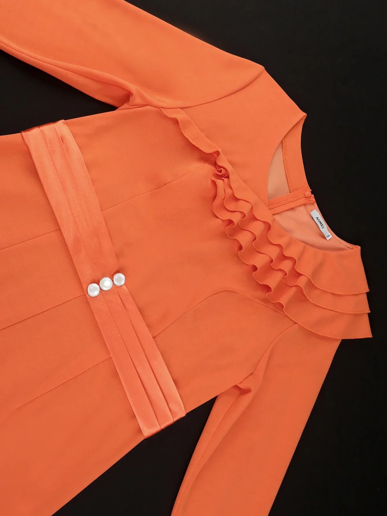 Orange Sheath Long Dresses for Women O Neck Ruffles Long Sleeve High Waist Package Hip Front Slit Office Evening Party Dress New