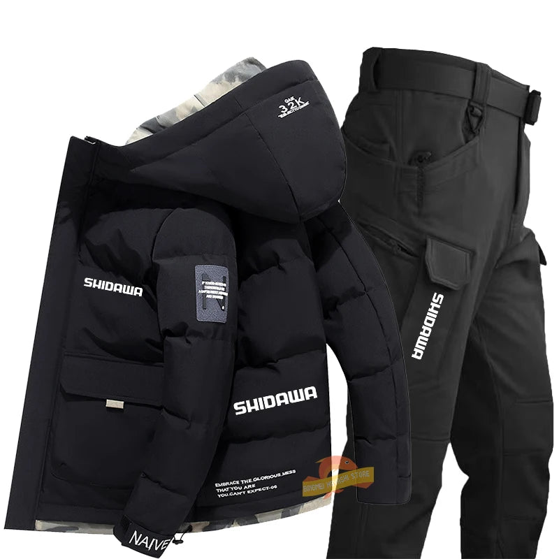 Maxy New Fishing Suit Men Winter Down Clothing Windproof and Coldproof Mountain Climbing Jacket + Waterproof Warm Pants Two-piece Set