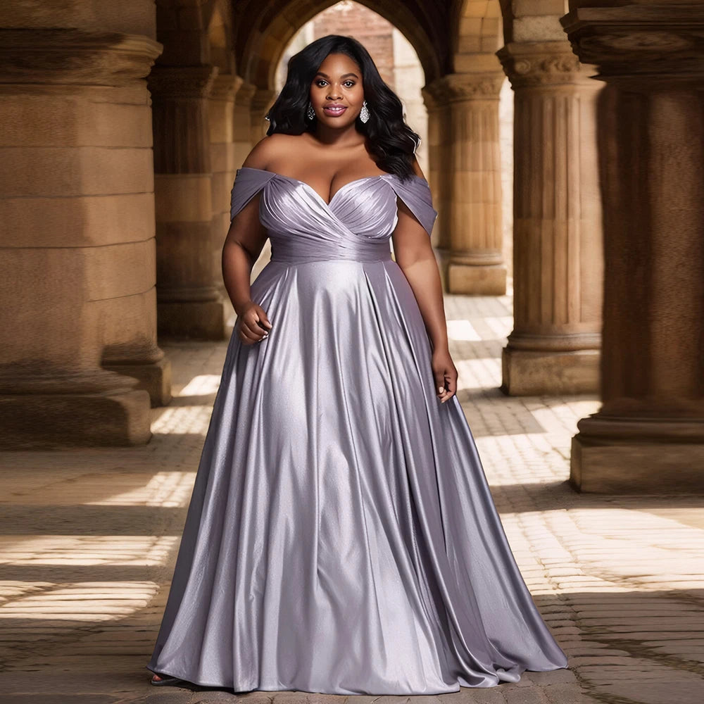 Amay Women Plus Size Satin Elegant Dress Deep V-Neck Sexy Off-Shoulder Maxy Dresses Summer Ruched Slim Party Bridesmaid Evening Robes