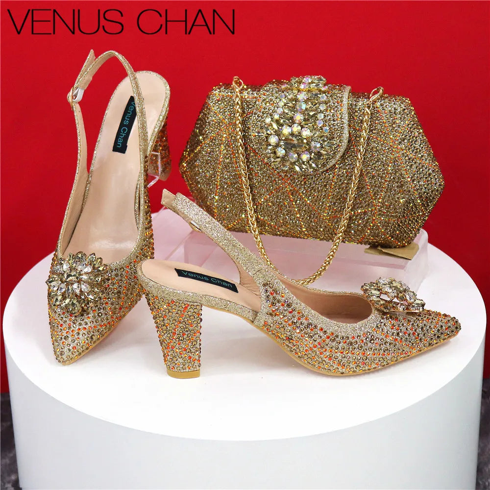 Maxy Shoes and Bags Matching Set Decorated with Rhinestone Full Diamonds Wedding Shoes Bride Designer Shoes Women Luxury