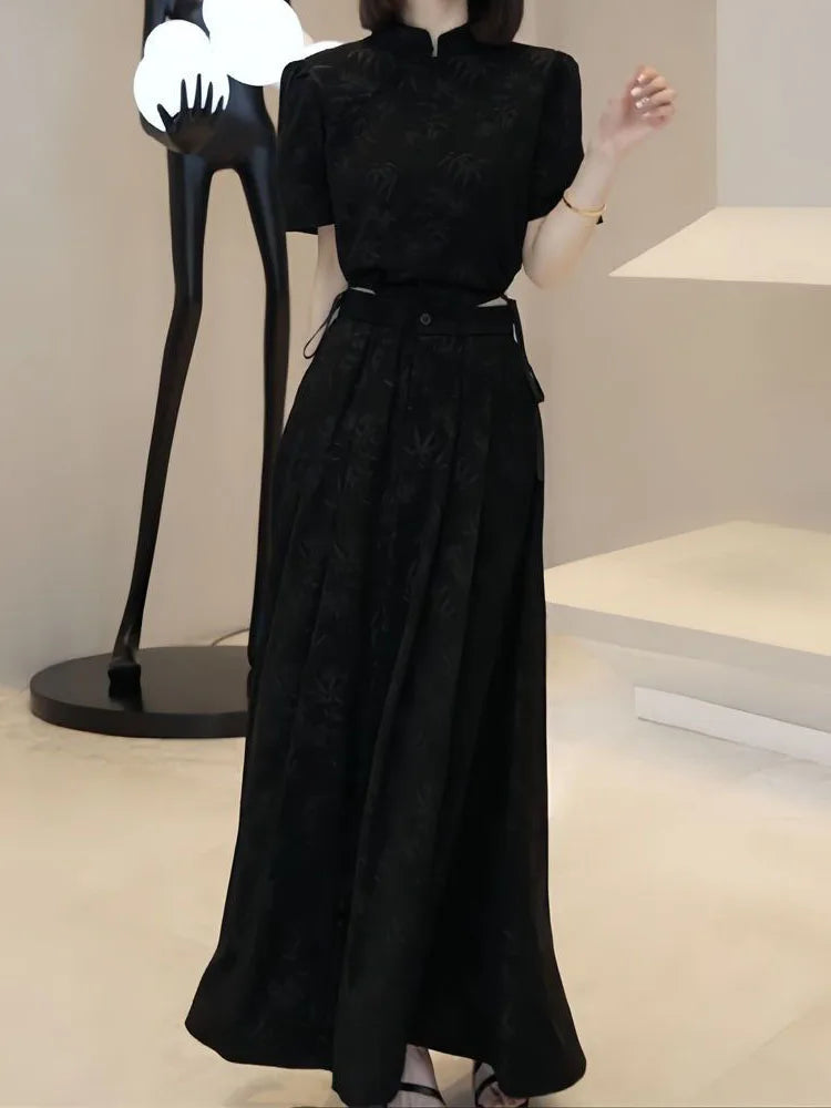 Amay Printed skirt women's summer Chinese high-quality national style printed top niche design temperament two-piece suit