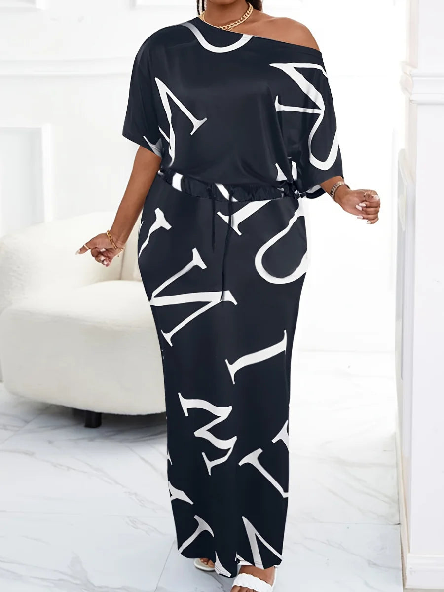 Maxy LW Letter Print Loose Fit Two Pieces Black Elegant Dresses Suits Long Sleeve One Shoulder Top&Drawstring Maxy Skirts