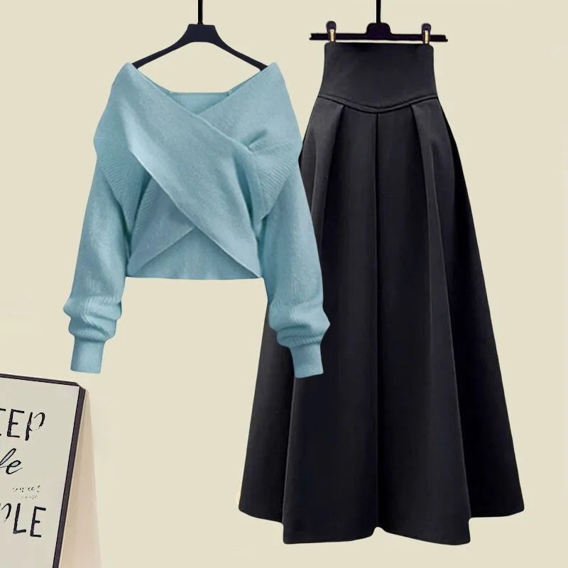 Maxy Style Autumn New Chest Cross Knitted Sweater Pullover Pleated Half Skirt Two-piece Set Fashionable Women's Skirt Set