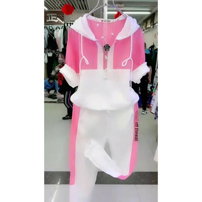 Amay Women's Casual Tracksuit Spring And Autumn New Fashion Suit Plus Size Short Sleeve Hooded Tops Pants 2 Two Piece Set For Women