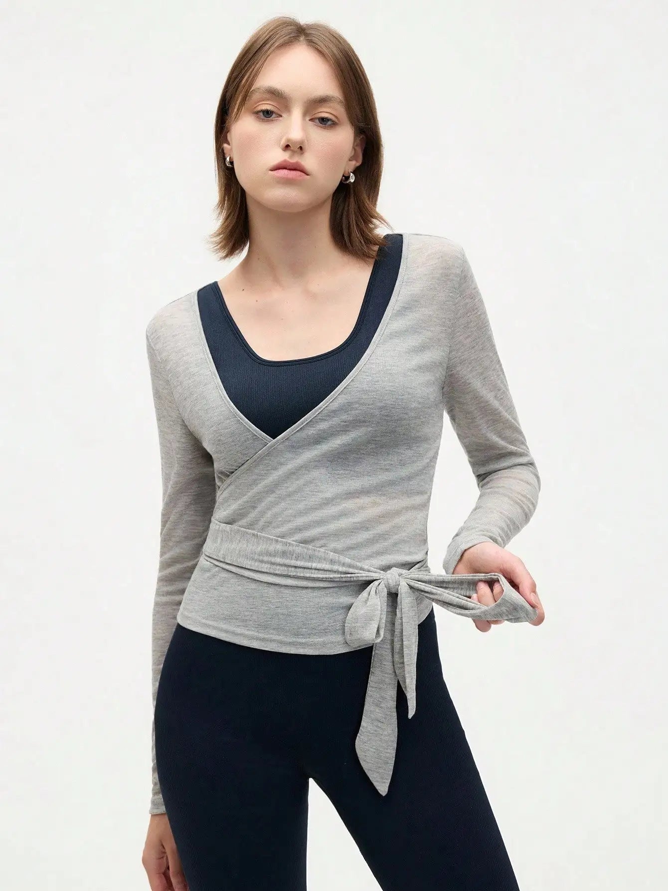 Maxy Women's Long Sleeve Wrap Crop Top With Tie-Up Detail Casual Sporty