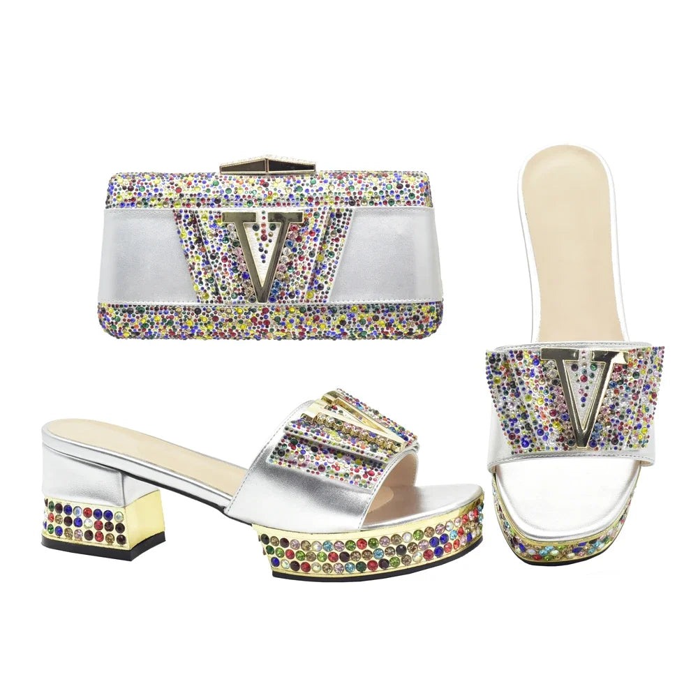 Maxy Ladies Shoes and Bags To Match Set Decorated with Rhinestone Shoes and Matching Bags Set Slip on Shoes for Women