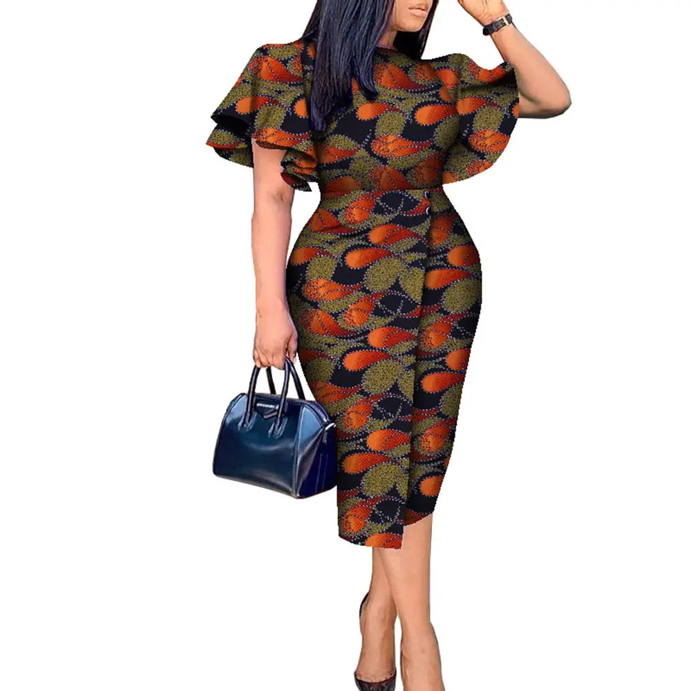 Maxy African Women Clothing Wax Print Kitenge Designs Butterfly Sleeve Dress WY8313