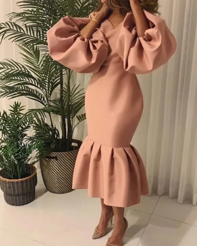 Maxy Plus Size Casual Elegant Fashionable Women's Fashion Solid Color V-Neck Bubble Long Sleeved Fishtail Dress Party Evening Dress