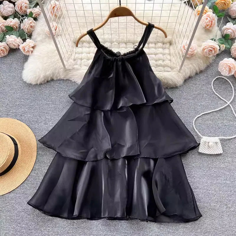 WAKUTA Summer Elegant Neck Hanging Sleeveless Ruffle Edge Dresses Casual Patchwork Ruffle Edge Sweet Cake Vestido Elegante Mujer