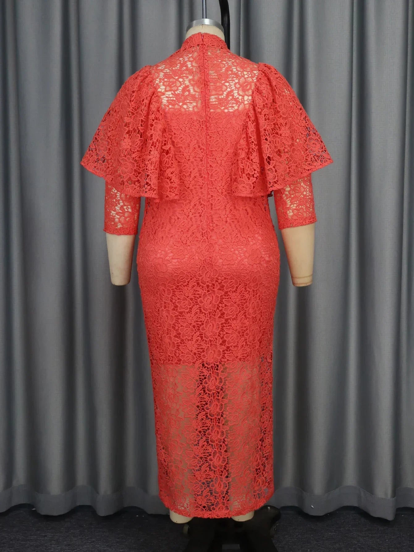 Red Hollow Out Lace Tight Fit Dress Sets Women Mock Neck See Through 3/4 Sleeve Slim Evening Birthday Banquets Two Piece Outfits