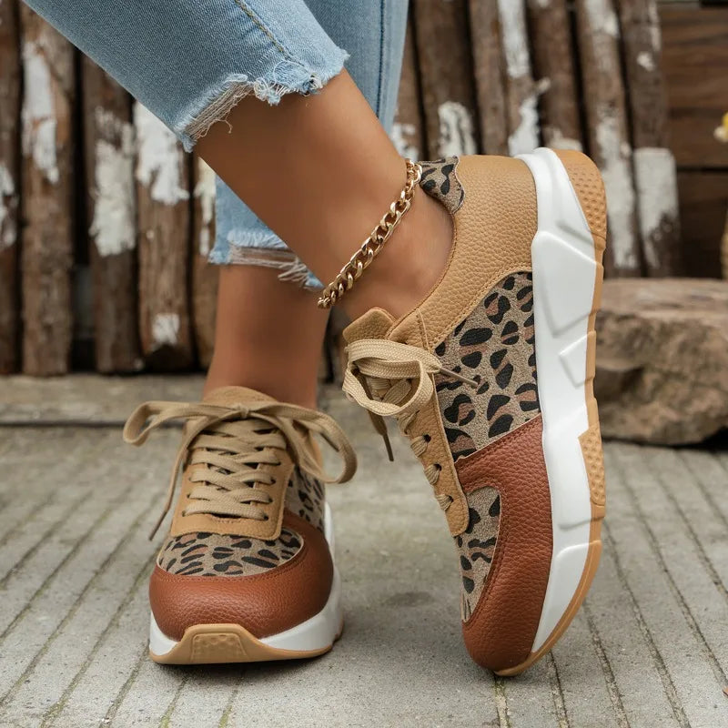 Maxy Women Casual Platform Shoes Round Toe Low-top Leopard Wedge Sneakers Women Comfortable Lace Up Outdoor Shoes for Women