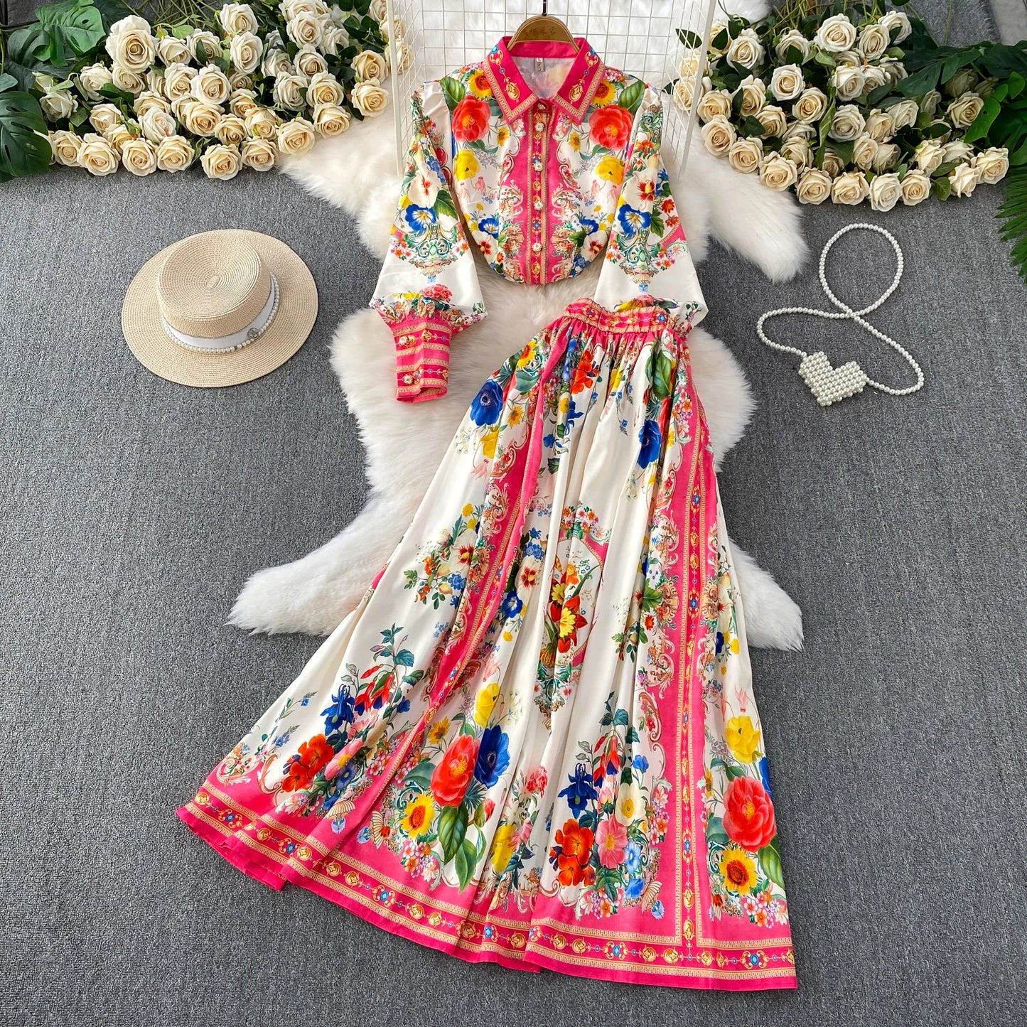 Maxy Autumn Printed Skirt Two-piece Set Lapel Long Sleeved Shirt A-line Skirts Matching Sets French Elegant Vacation Women's Suit