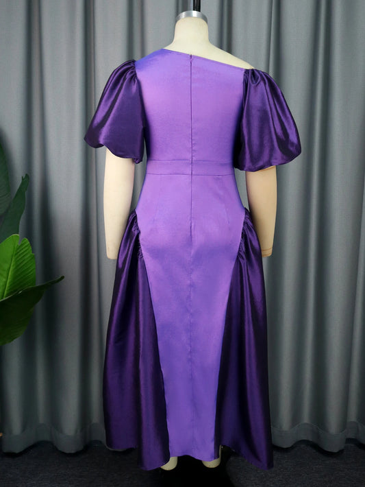 Plus Size Long Dresses for Women 2024 Slash Neck Purple Short Puff Sleeve Color Block A Line Evening Event Party Gowns Outfits