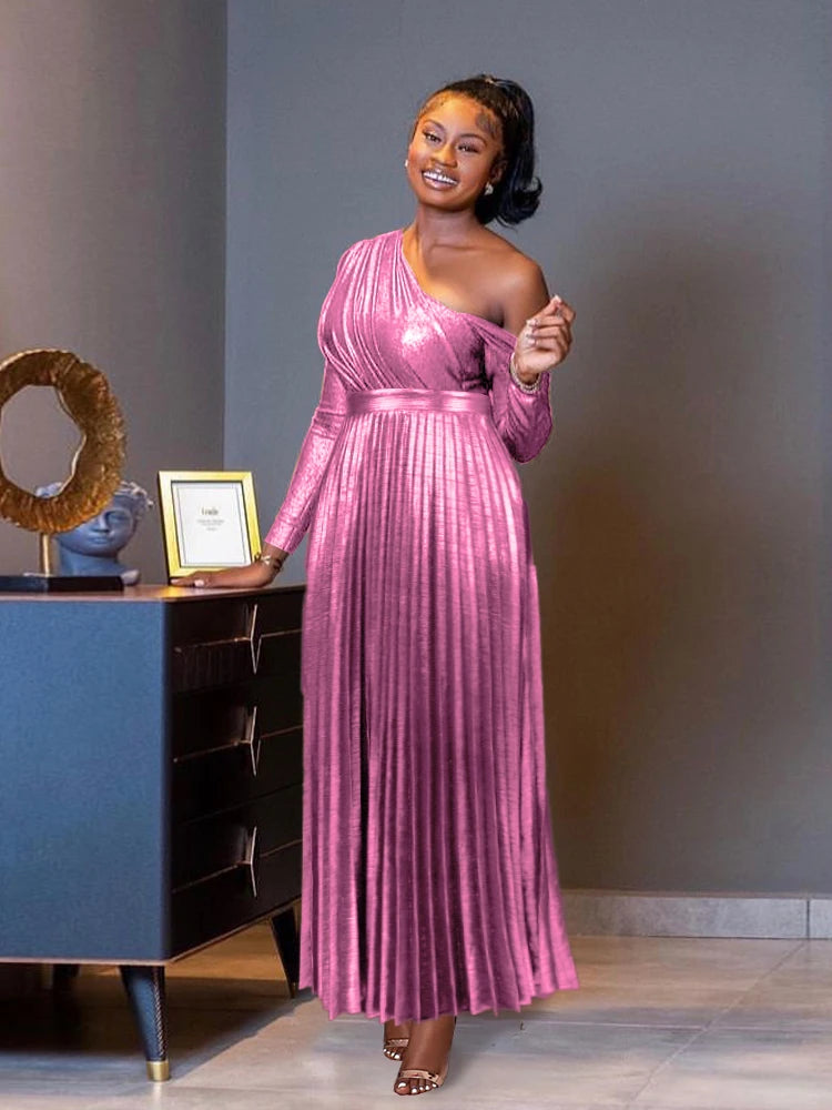 Amay Women Even Dresses Luxury Maxi Long Metallic Pleated Dress One Shoulder Sleeveless Premium Shiny Shimmer Gowns Big Size