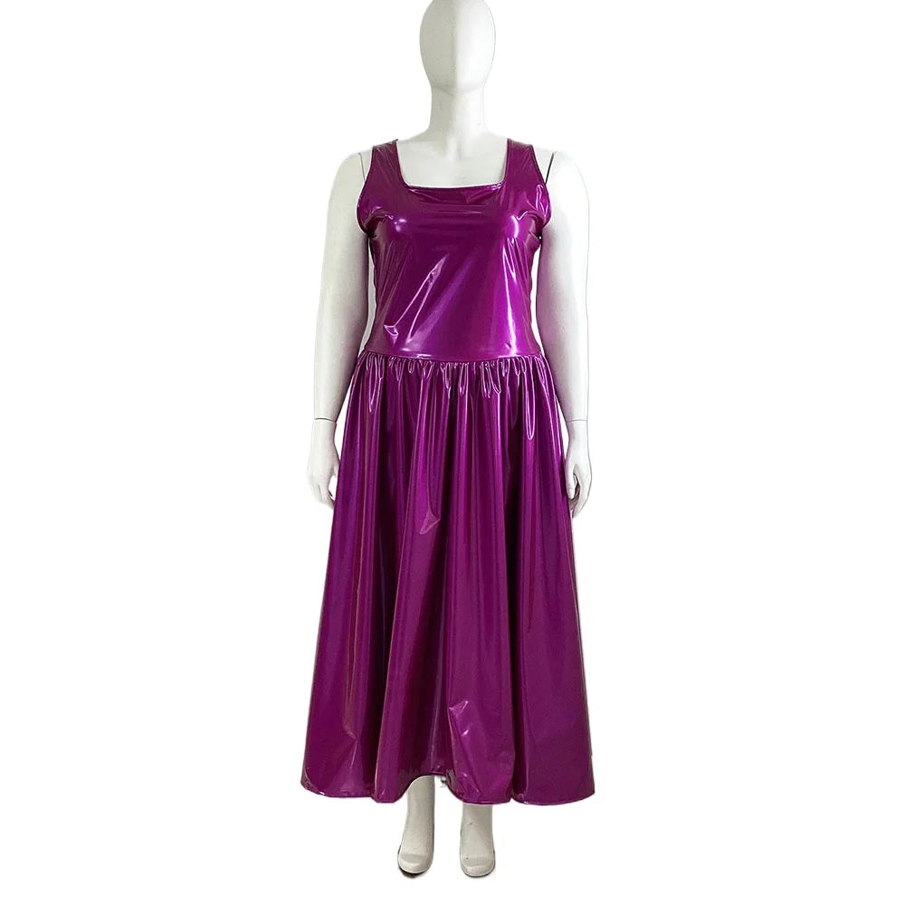 Maxy Women's PVC Tank Dress, Sleeveless Fit and Flared Dress, Raves Party Swing, Pleated Clubwear, Plus Size, Punk Fashion