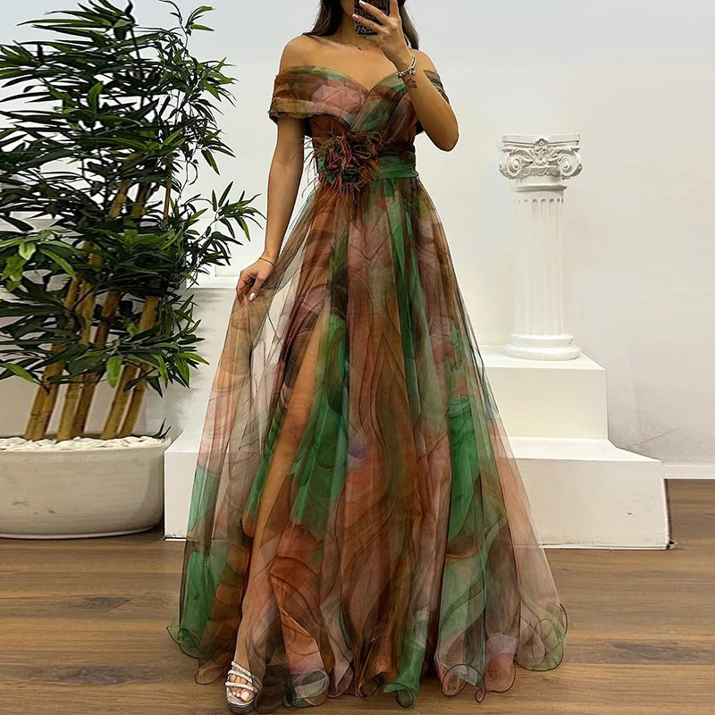 Maxy Spring Summer New Mesh Evening Dress Vintage Pattern Printed High Waisted Long Dress New One Shoulder Pleat Banquet Swing Dress