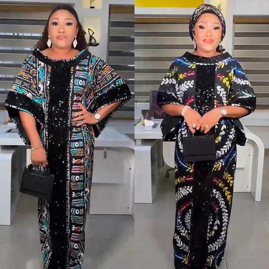 Maxy African Dresses for Women Plus Size Africa Clothes Dashiki Ankara Outfit Sequin Gown Kaftan Muslim Wedding Party Long Maxy Dress