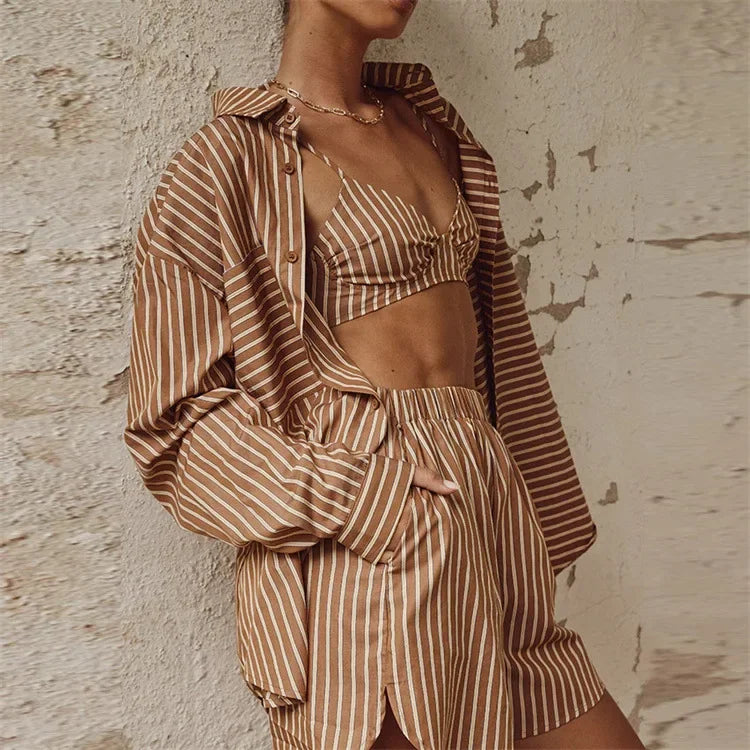Maxy Women's Tracksuit Stripe Shirt Shorts Three Piece Set Long Sleeve Top and Mini Shorts Outfit Female Summer Lady New Suits