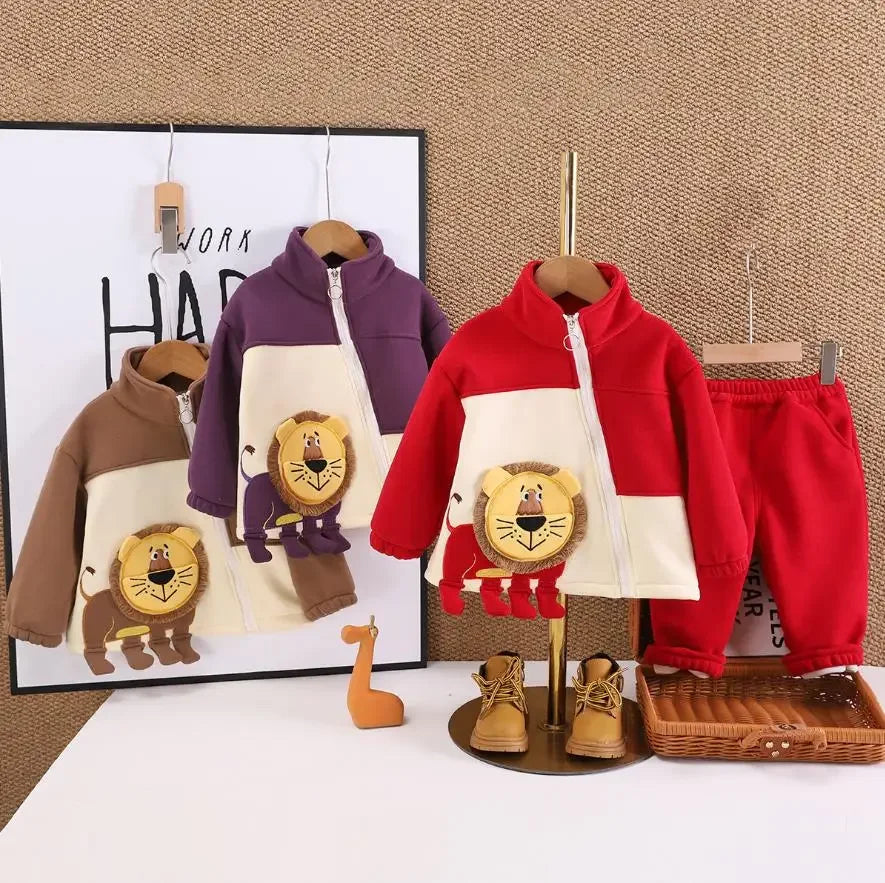 Toddler Christmas Outfits Autumn Winter Boys Sets Cartoon Lion Zipper Velvet Jackets Coat And Pants Two Piece Kids Baby Clothes