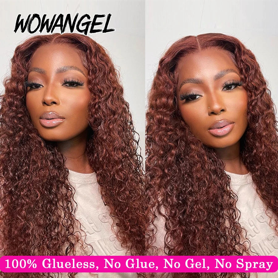 Maxy WOW ANGEL Reddish Brown Pre Cut Glueless Wig Human Hair Ready To Wear 5x5 HD Lace Closure Water Wave Curly Wigs Wear To Go