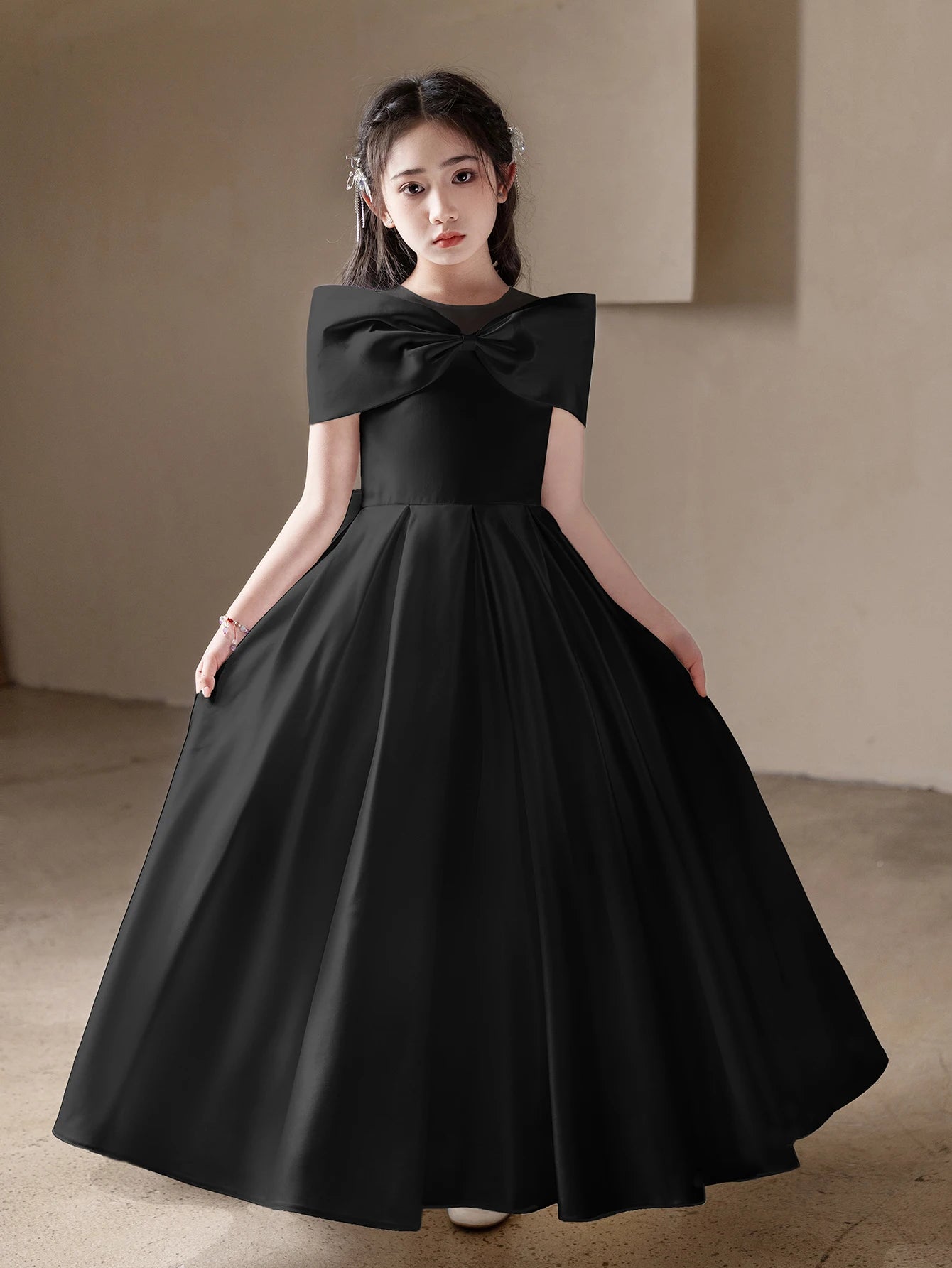 Maxy Girls, Teenagers Black High-End Long Dresses Children's Birthday Parties Weddings Big Bows Evening Dresses