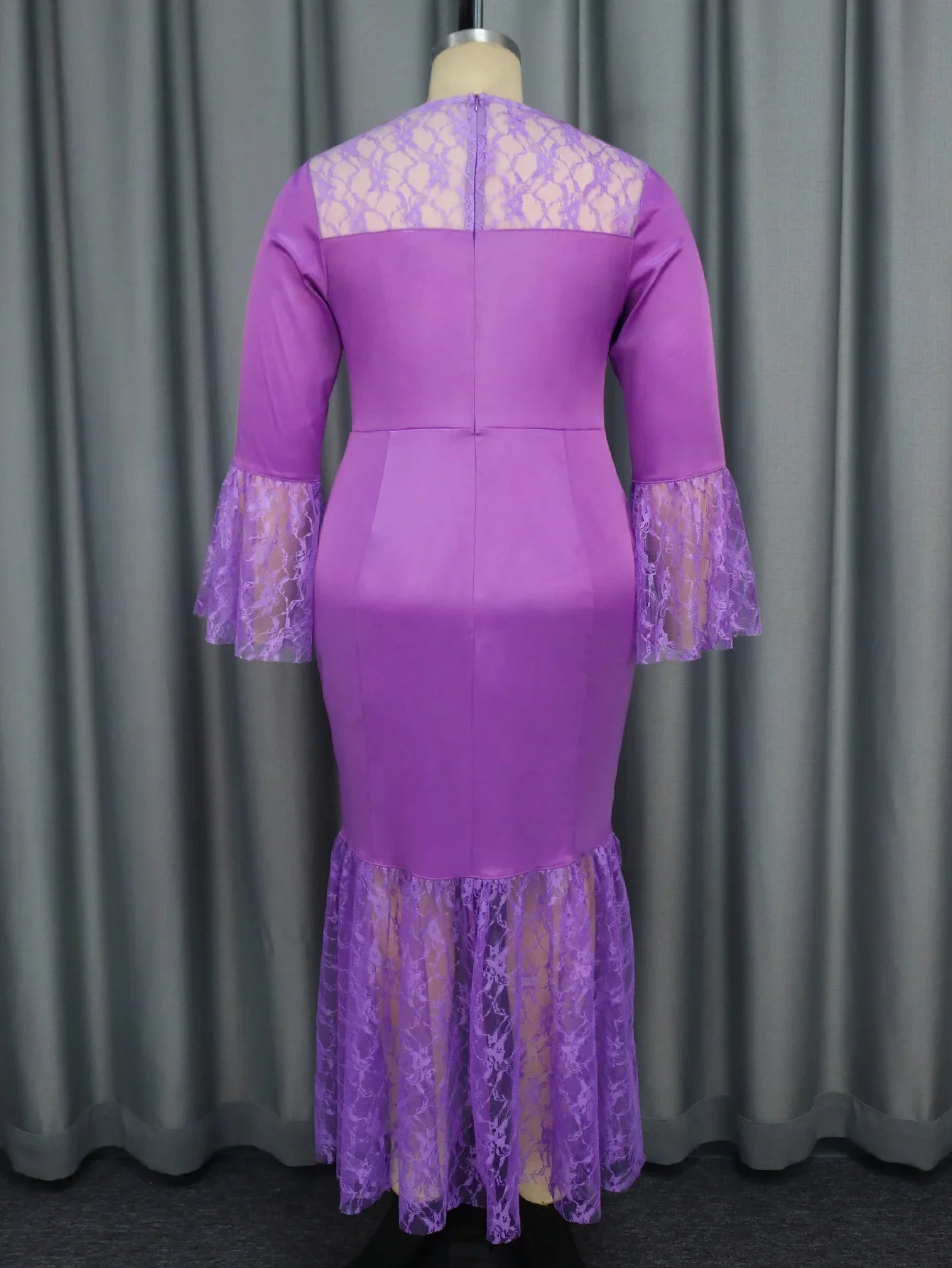 Amay Lace Round Neck Elegant Pleated Slim Fit Dress Autumn/winter Purple Matte Satin Patchwork Dress Nightclub Party Long Dresses