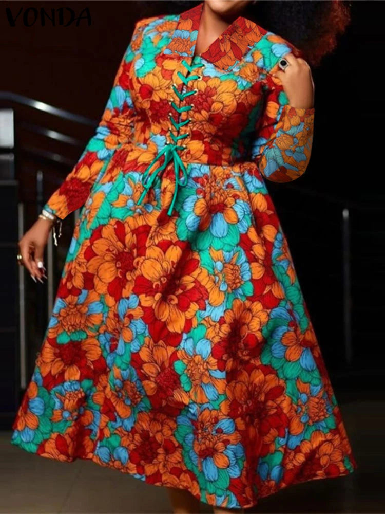 Maxy Plus Size Women Floral Printing Dresses Bohemian Turn Dwon Collar Maxy Long Sundress Elegant Holiday Robe