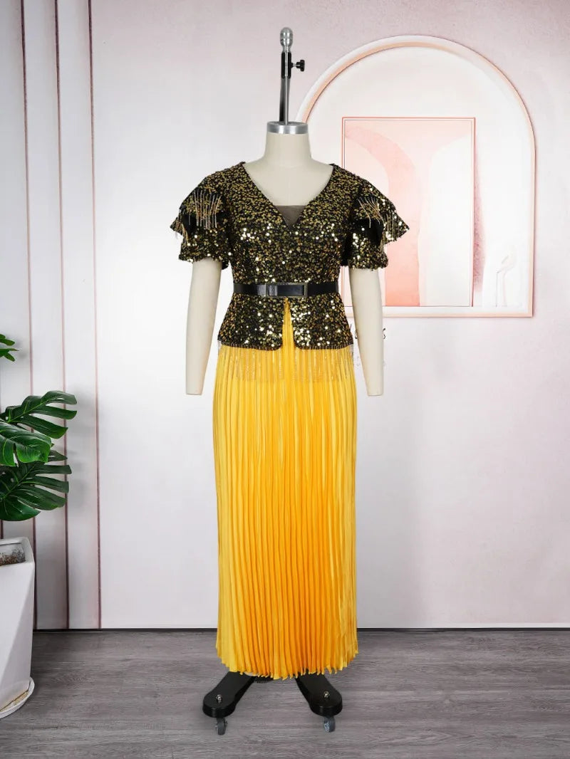 Maxy Plus Size African Women's Sequined Long Maxy Dress Short Sleeve V Neck Elegant Hem Pleated Big Swing Party Dress Dubai