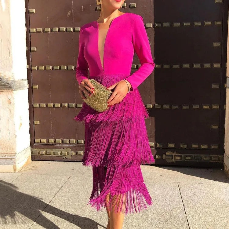 Maxy Tassel Dresses for Women Deep V Neck Long Sleeve High Waist Fringe Evening Birthday Wedding Guest Party Gowns Outfits