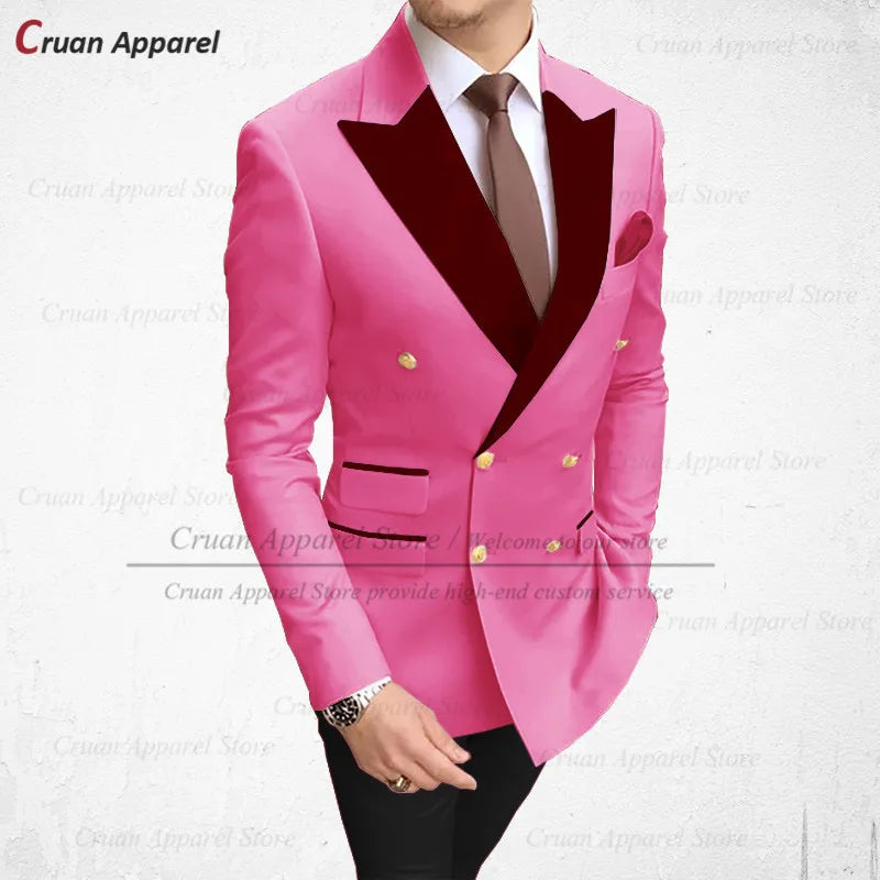 Visco Tailor-made 2024 Sky Blue Men's Suits 2Pcs Slim Fit Best Man Groom Wedding Tuxedo Fashion Burgundy Velvet Lapel Blazer Pants Set