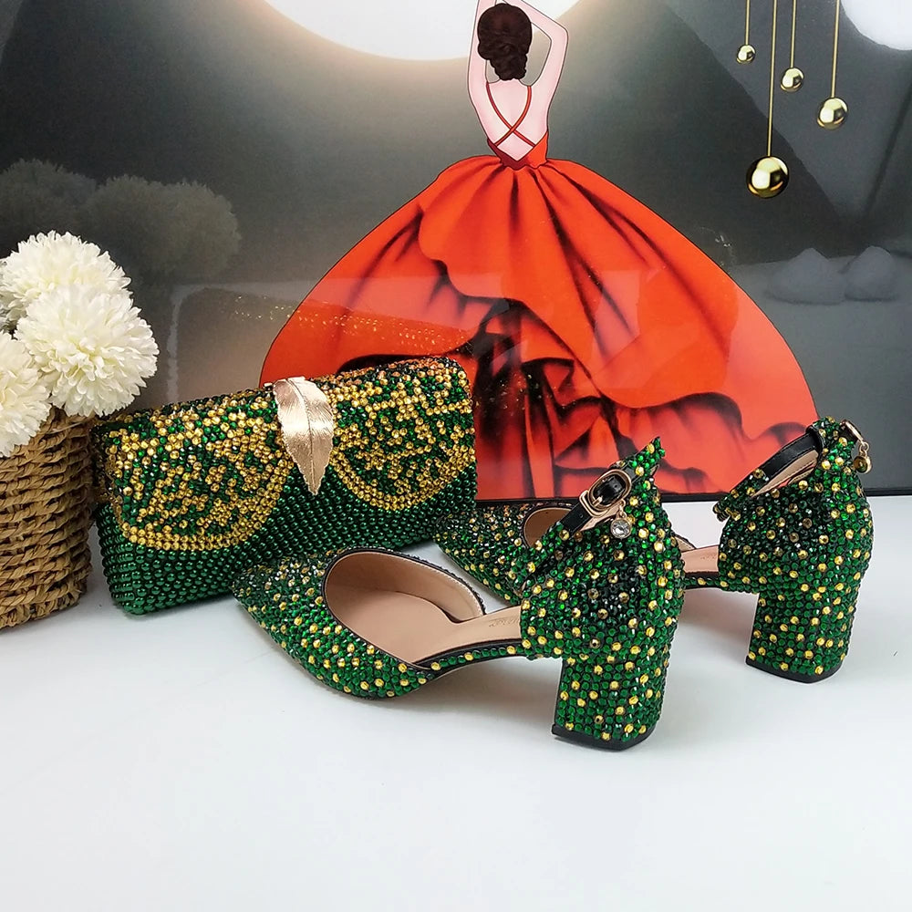 Maxy Green Crystal Bridal Wedding shoes and bag Woman Thin Heel High Pumps Party Evening Shoes Shallow Ankle Strap Buckle shoe